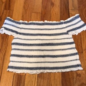 Stripped bandage ribbed off the shoulder crop top